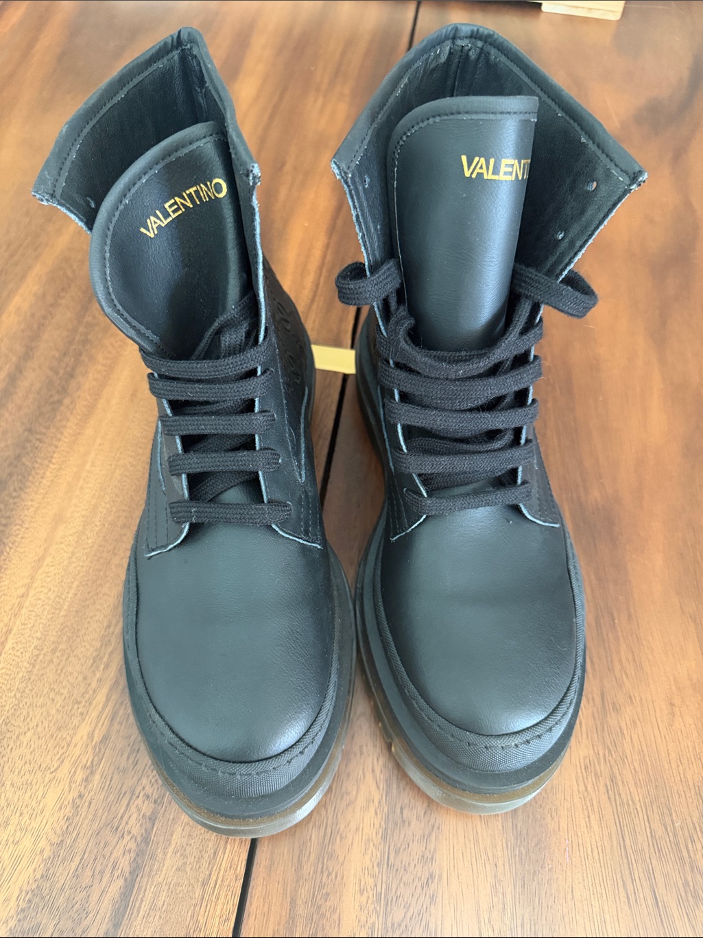 Valentino Women’s Black Leather Lace-Up Boots With Gold Logo Ivana Soze 8.5